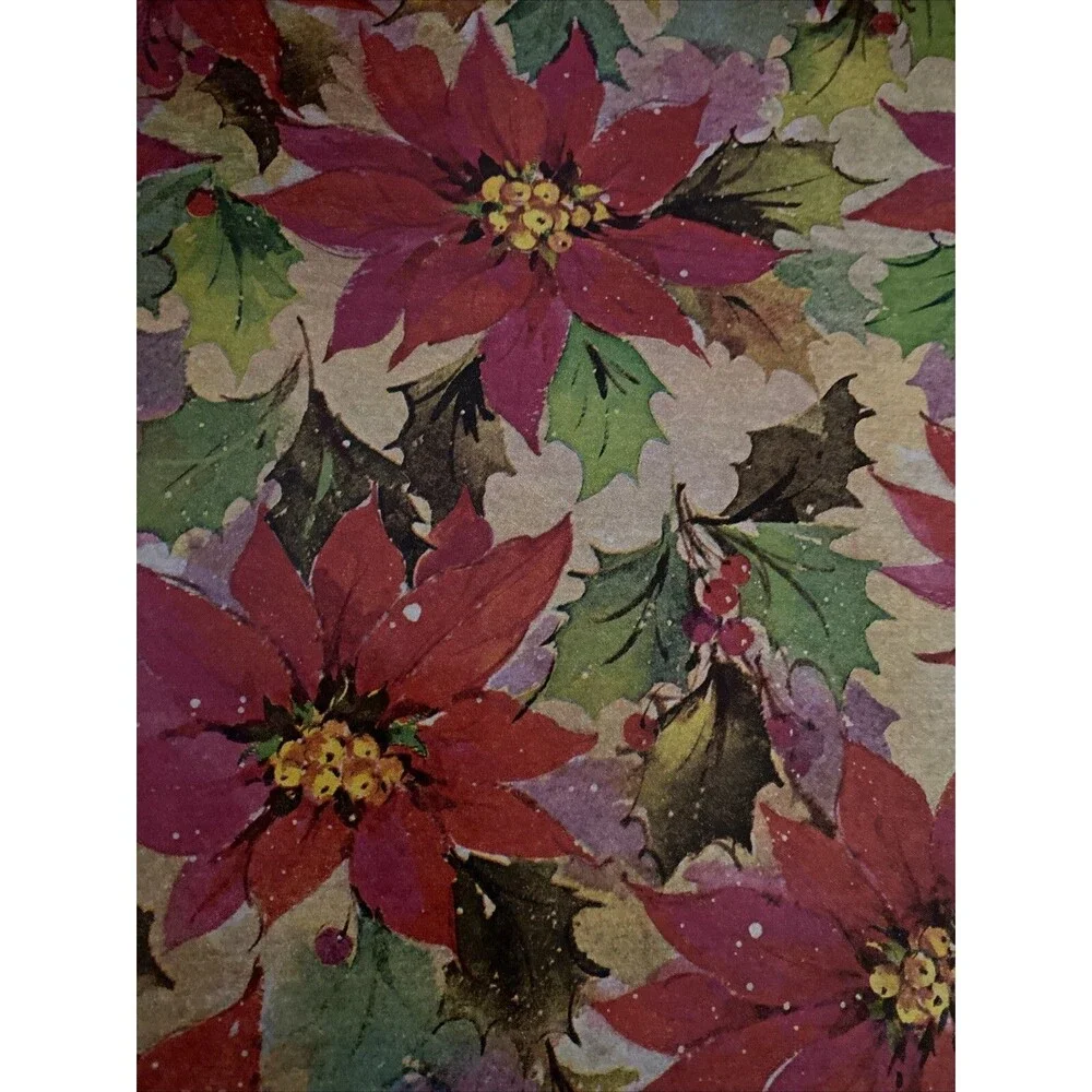 Vintage Christmas Gift Wrapping Paper Flat Sheet HOLIDAY RED POINSETTIAS